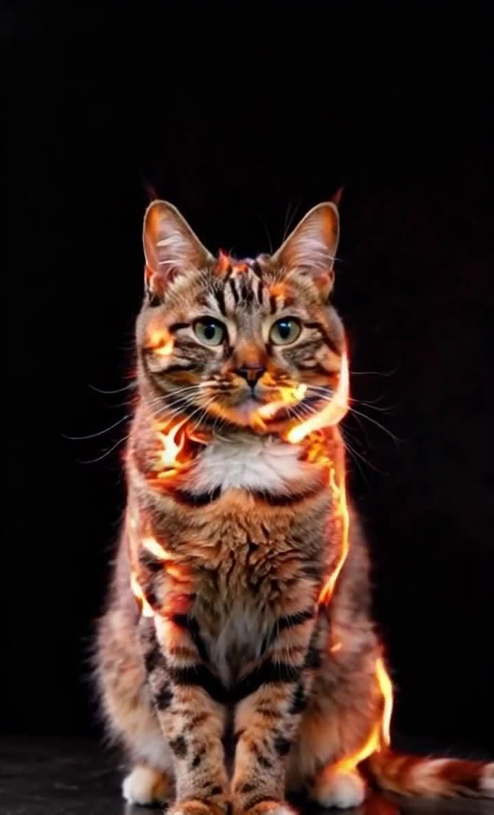 一只猫坐在深色背景前，全身覆盖着火焰特效。火焰呈现