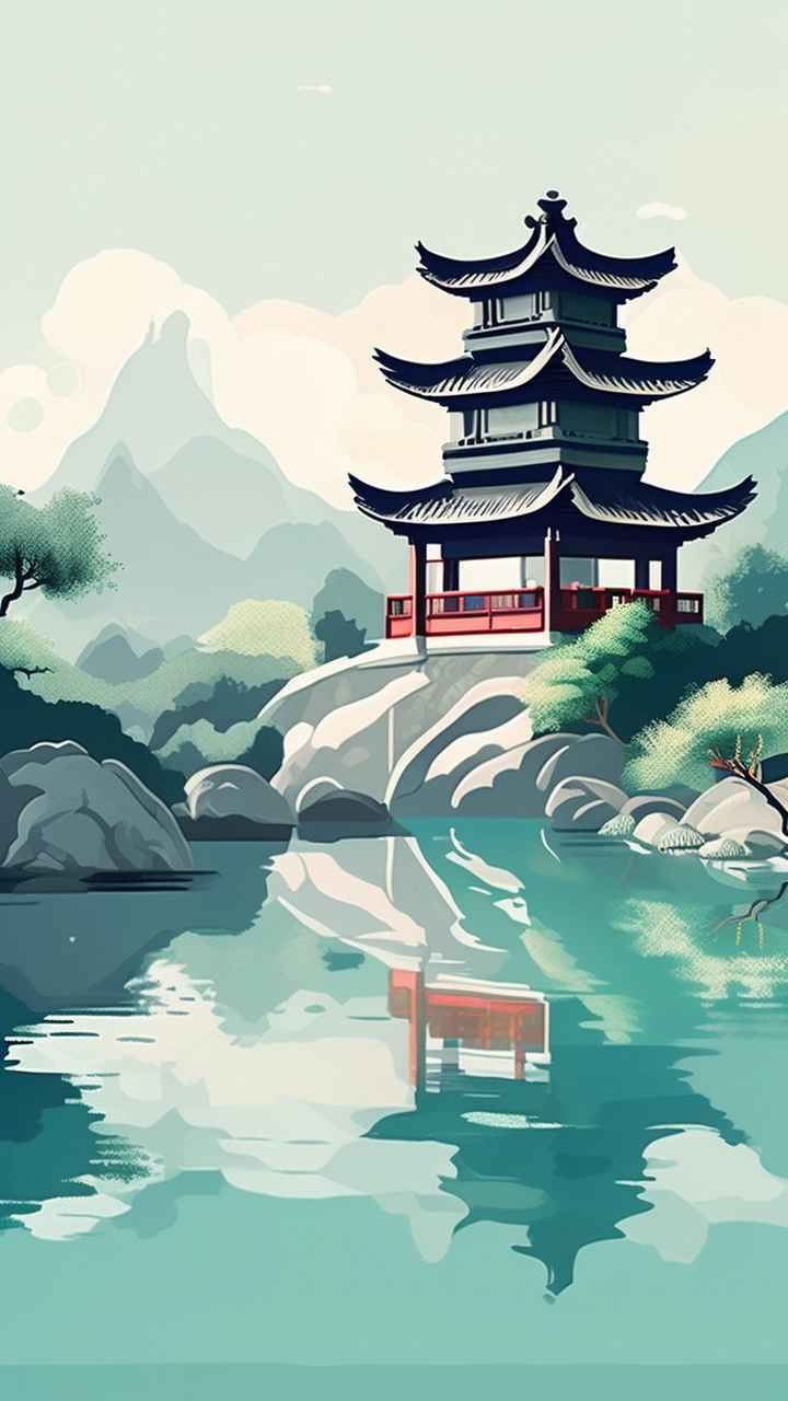 中国画园林植物水亭子插画 5