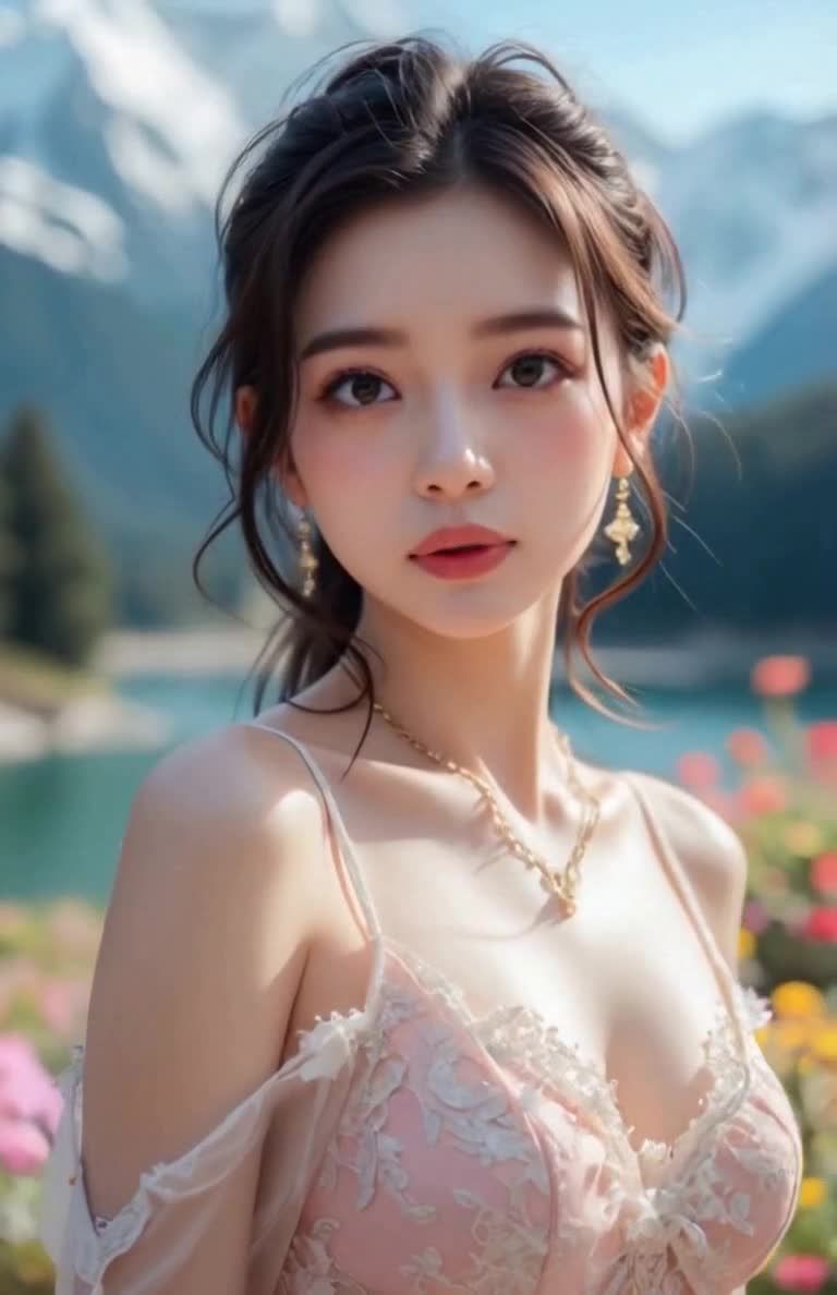 戴着首饰的年轻女性在湖泊山景下的肖像