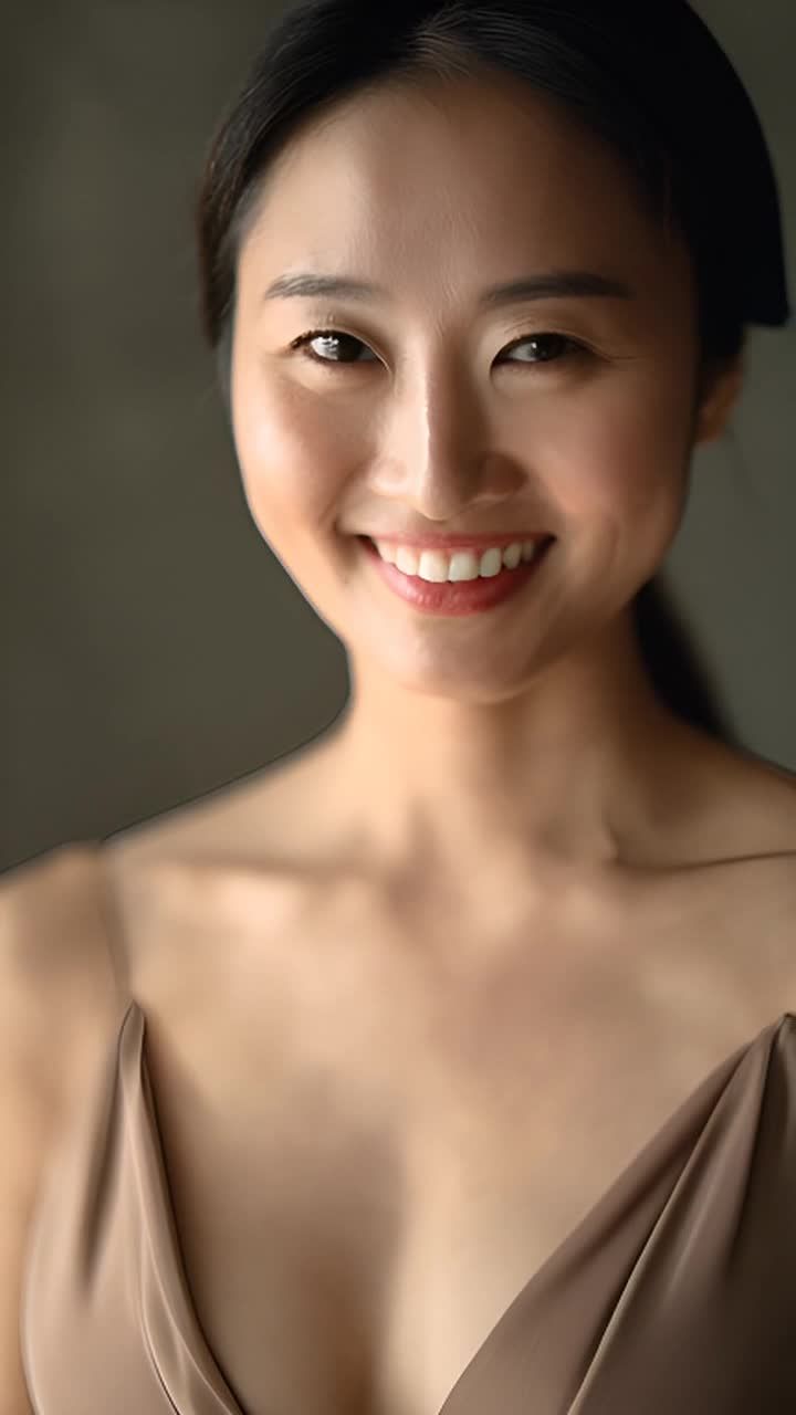 一位亚洲女性面带微笑，穿着棕色吊带连衣裙，直接看向