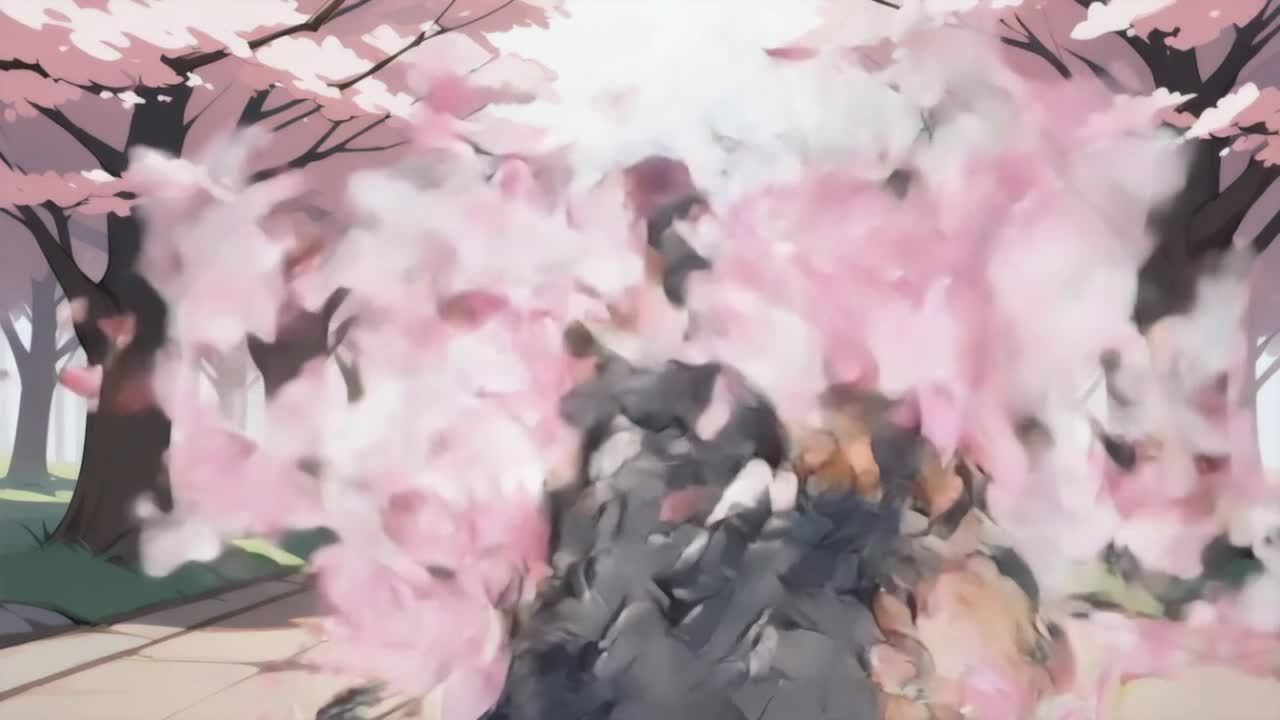 空中飘舞着樱花花瓣，从树上轻轻飘落，在空中旋转着向