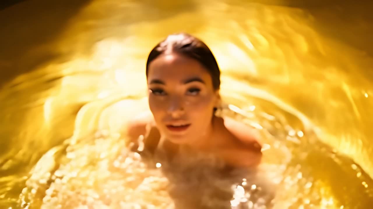 一位女子从金色的液体中浮出，金色的液体从她身上滴落