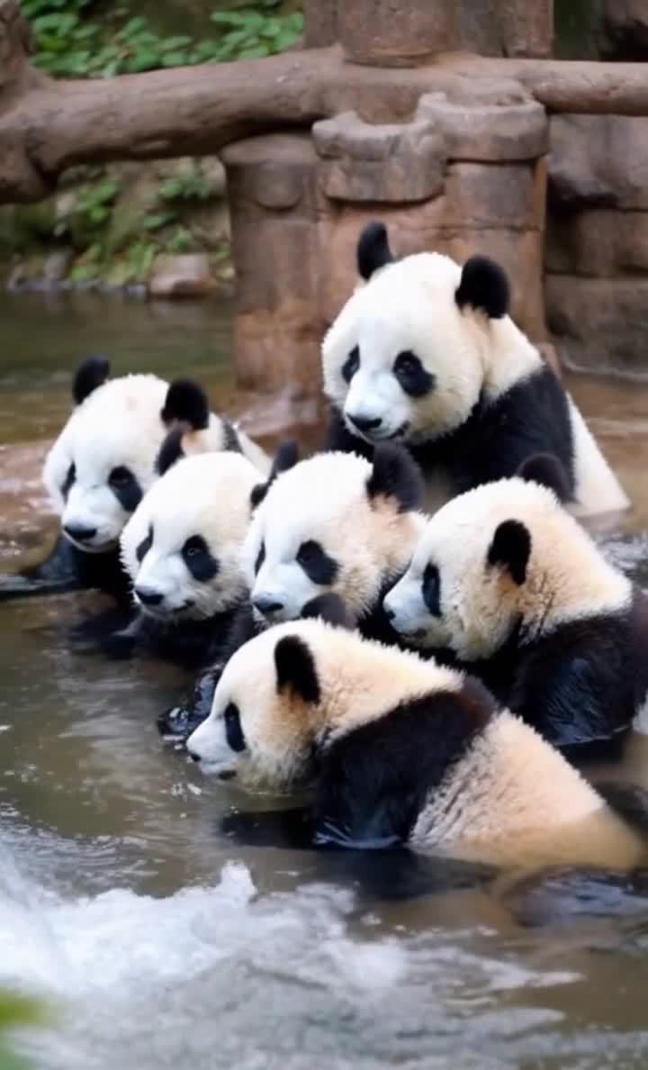 熊猫幼崽水中嬉戏：湿漉漉的可爱瞬间