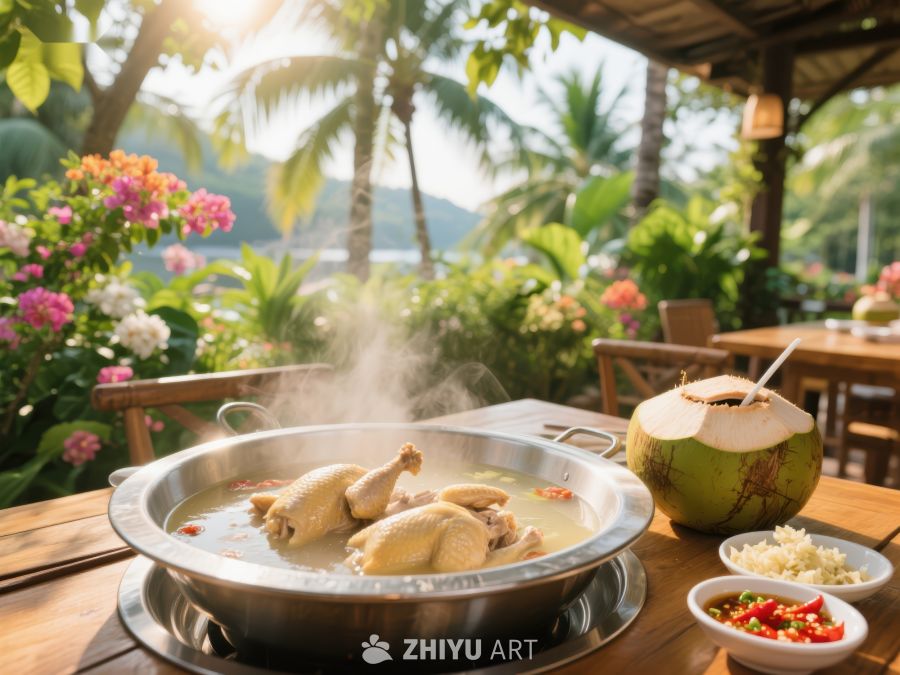 热带花园中的热气腾腾鸡肉火锅 468