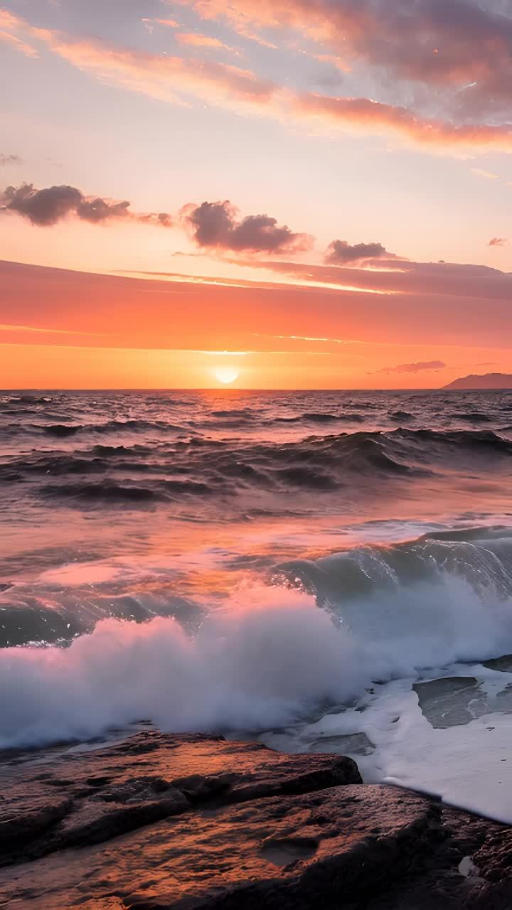 夕阳在海面上发光，在波浪上投射出温暖的金色光芒。地