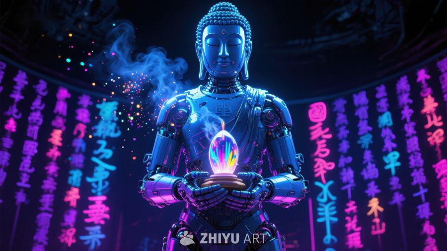 未来佛像手持光球，霓虹背景科技感十足 600