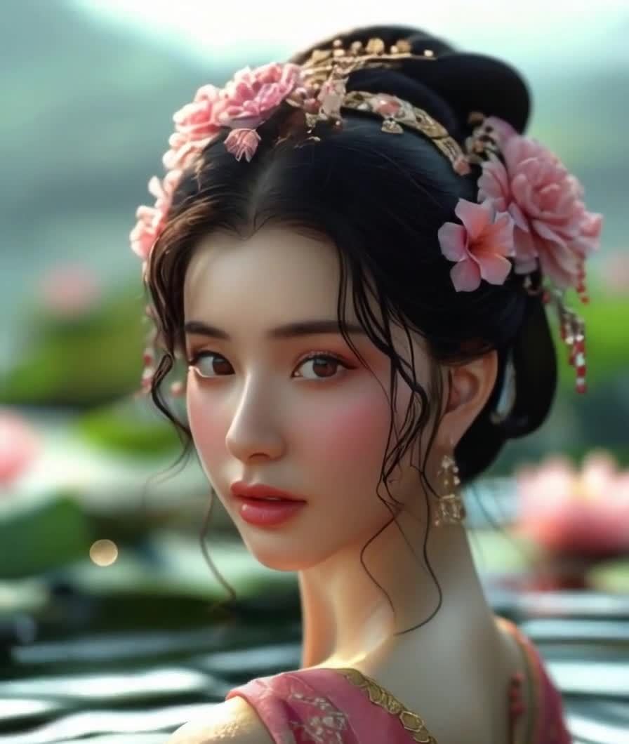 一位东方女性注视着镜头，画面聚焦于她上半身。她梳着
