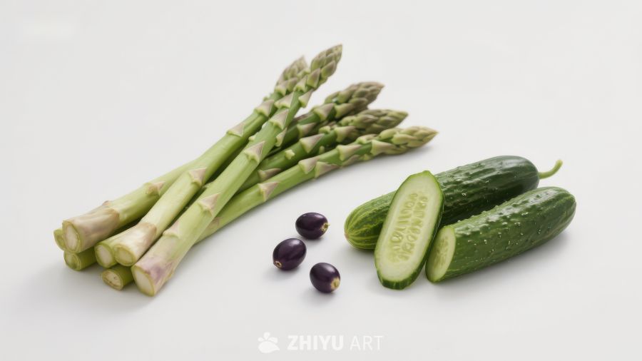 新鲜蔬菜组合：芦笋、黄瓜与葡萄