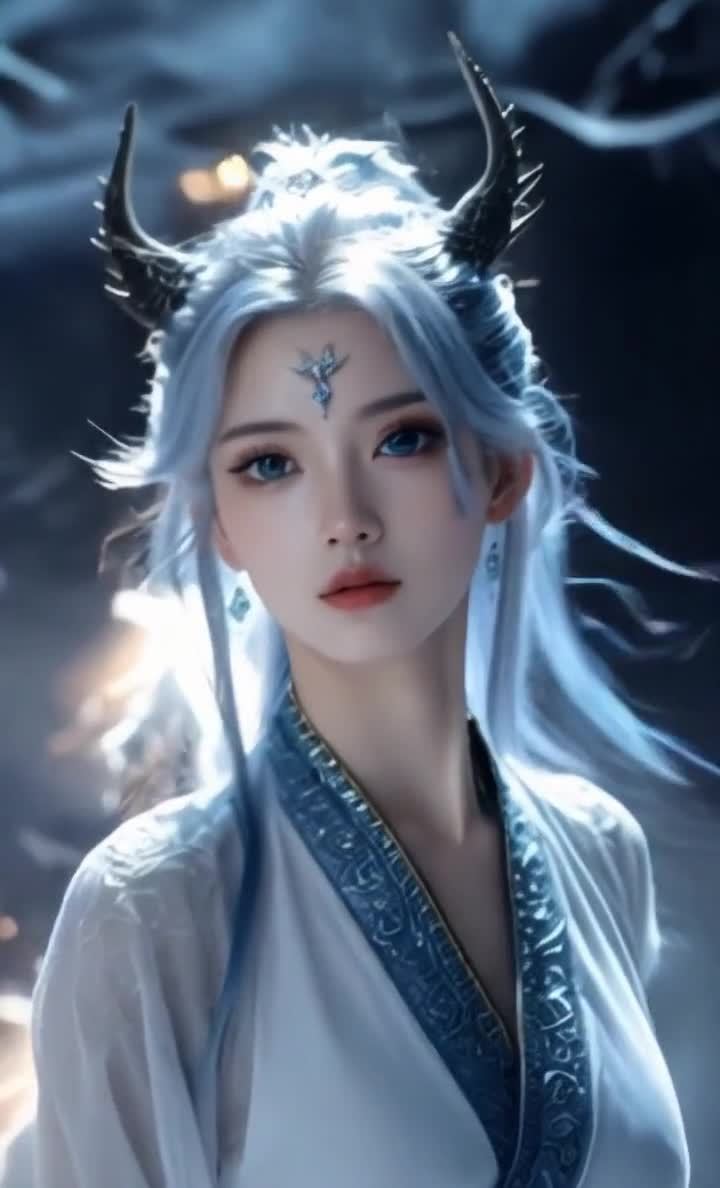 蓝发蓝眼仙女，头戴饰品，身着白袍蓝色花纹。