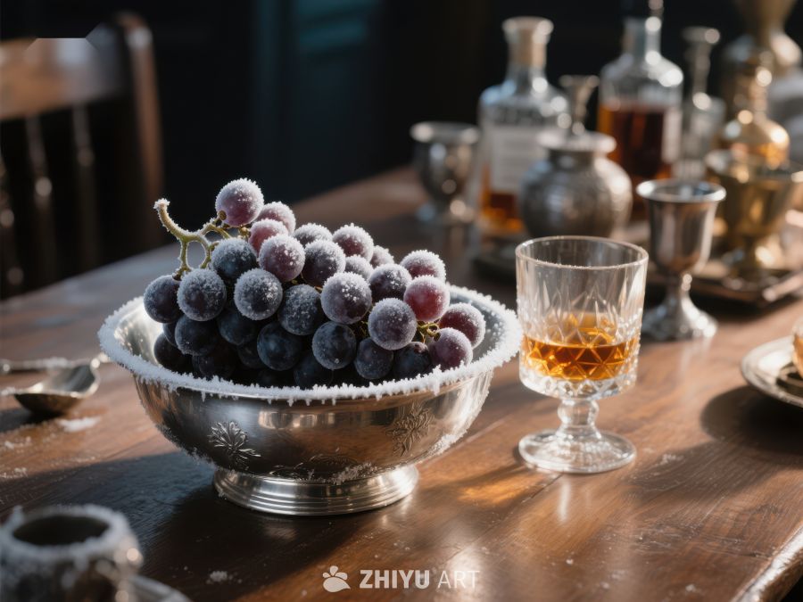 霜冻葡萄与酒杯的复古餐桌布置 544