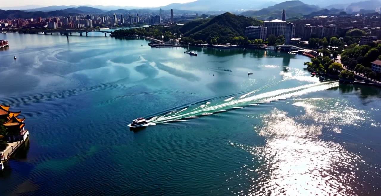 无人机4K西湖全景：苏堤、断桥、雷峰塔与湖光山色