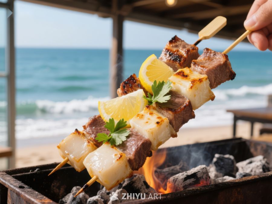 海边烧烤：肉串与柠檬的美味
