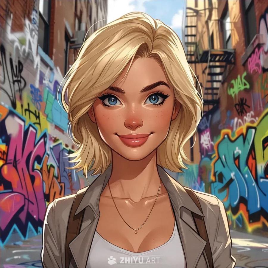 一个有着金色短发的女性，站在一条背景是涂鸦墙的小巷