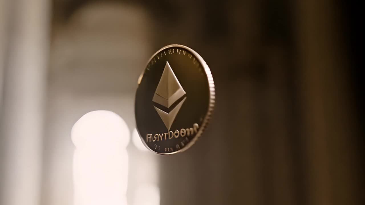 一枚刻有以太坊标志的古典硬币在空中翻转，硬币旋转时