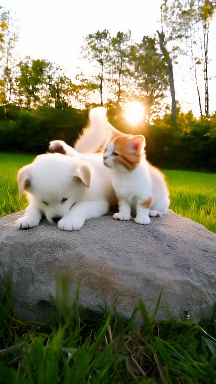 一只白色小狗和一只白色带橙色斑纹的小猫趴在一块灰色