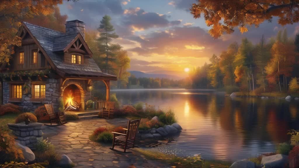 一栋石砌小屋坐落在湖边，小屋内壁炉里燃着火焰，窗户