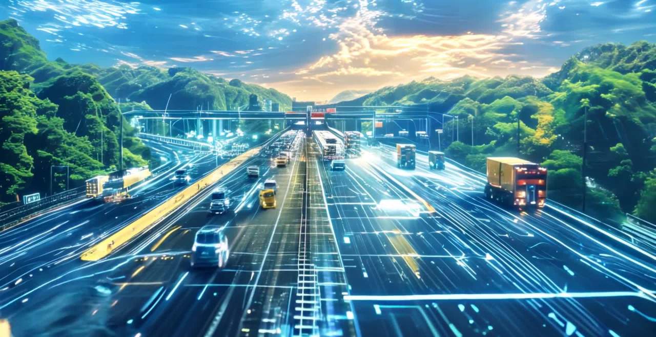 汽车在公路上行驶，左边车道的车向画面前方行驶，右边
