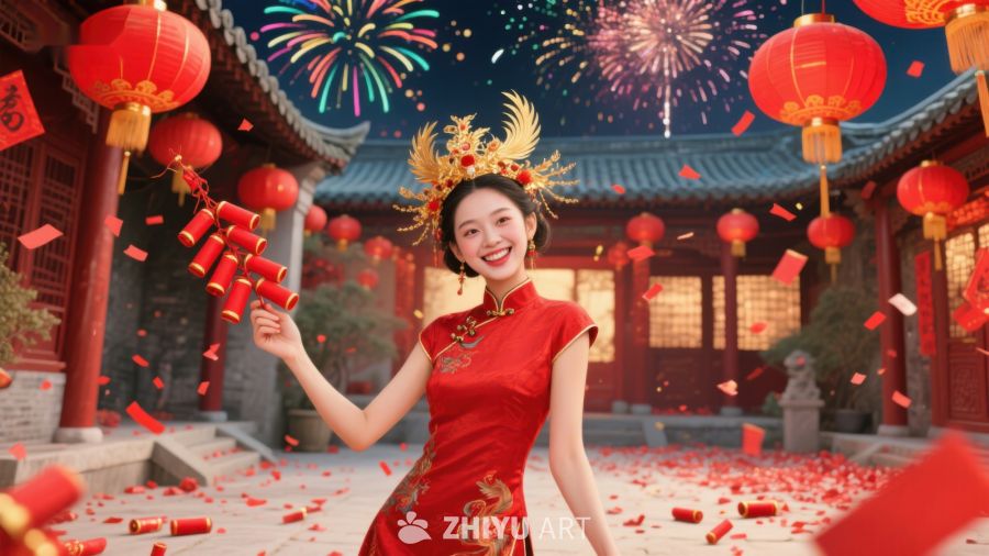 女子身着红裙庆祝节日 683