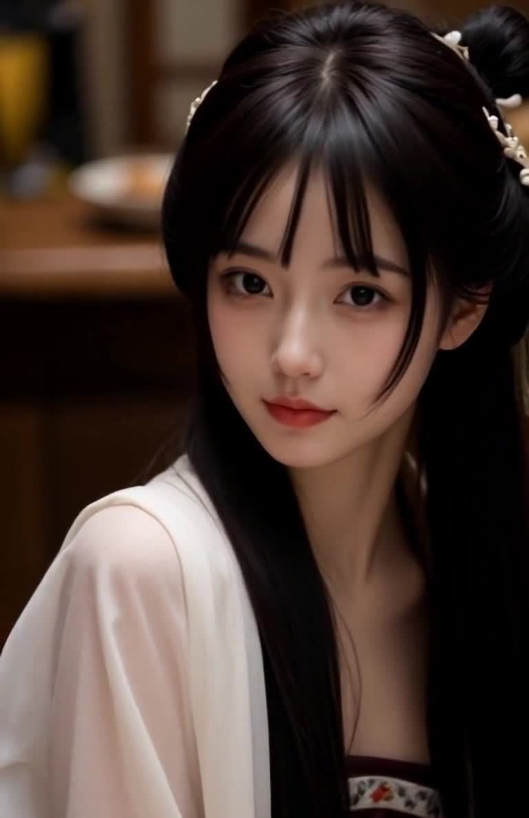 古典发髻少女，穿着白衣，面容姣好，木质背景。