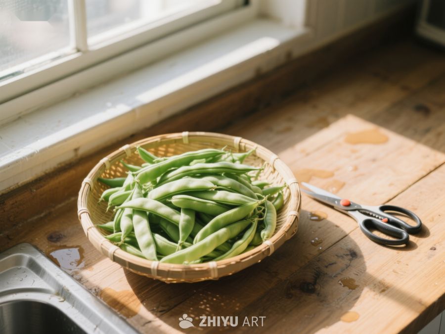 窗边木桌上的一篮新鲜豆角 119