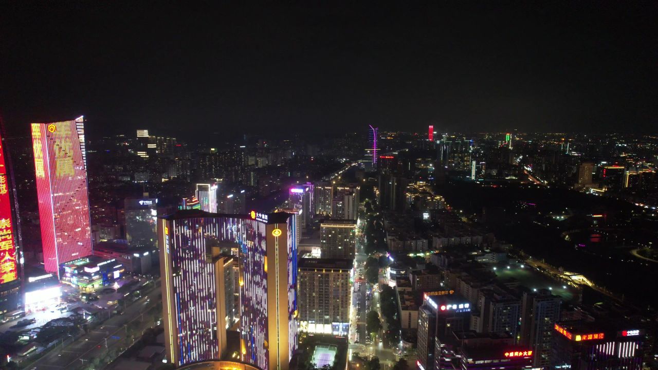 广东东莞鸿福路CBD城市夜景灯光航拍 