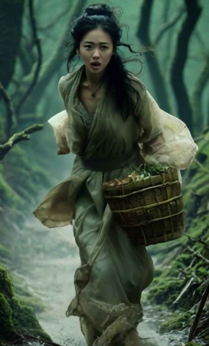 一名女子在树林中奔跑，镜头推进至面部特写。女子身穿