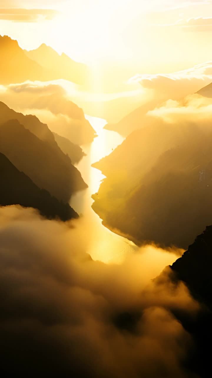 金色光线照亮宁静的风景，光线穿透云层，显现出雄伟的