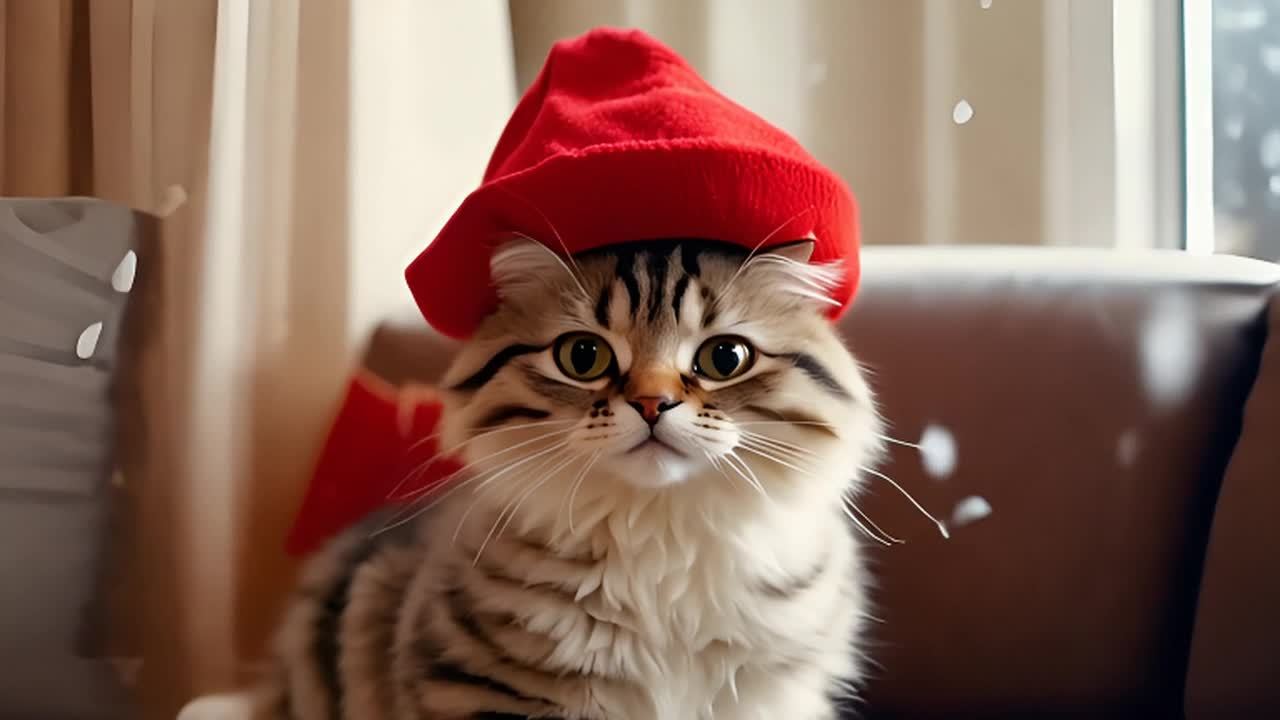 一只毛茸茸的猫戴着红色的帽子，坐在舒适的客厅里。猫