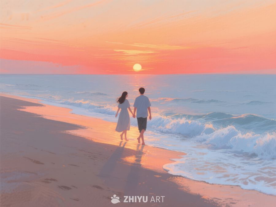 情侣海边漫步，夕阳映照浪漫 536
