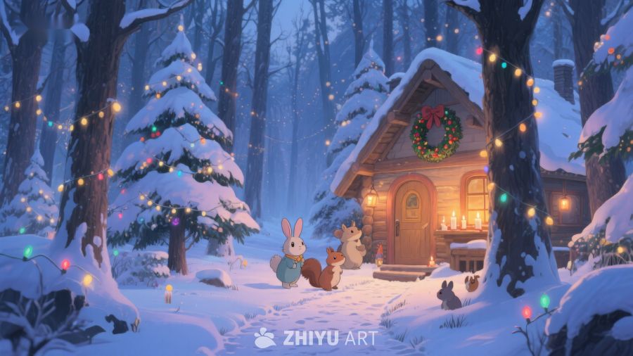 冬日森林小屋温馨夜景 4