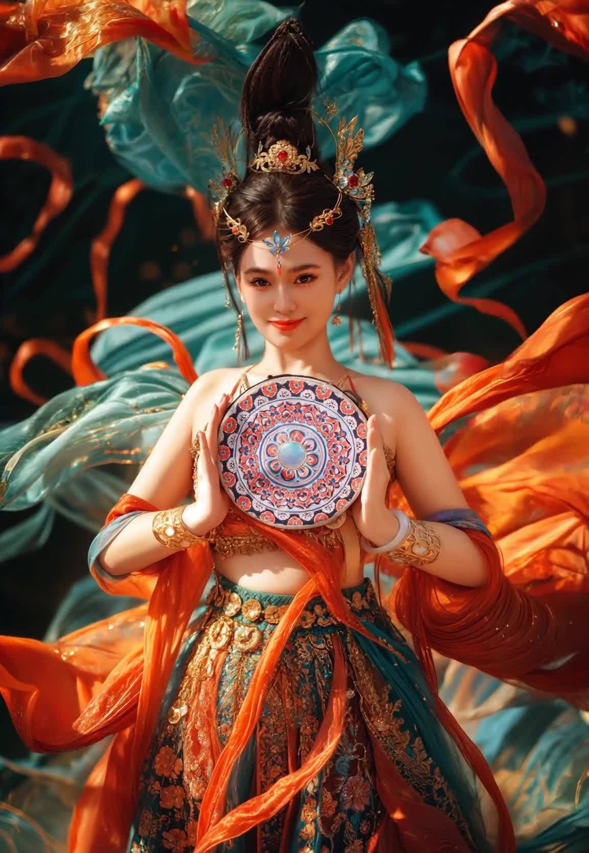一名女性面向镜头，头戴装饰华丽的头饰，身穿色彩鲜艳