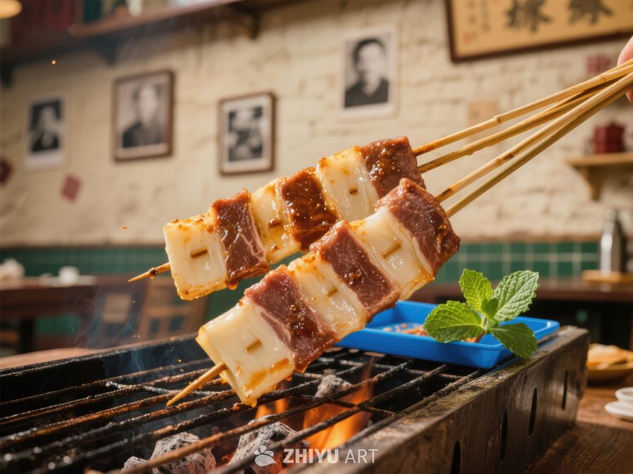 烤串上的美味肉块与年糕