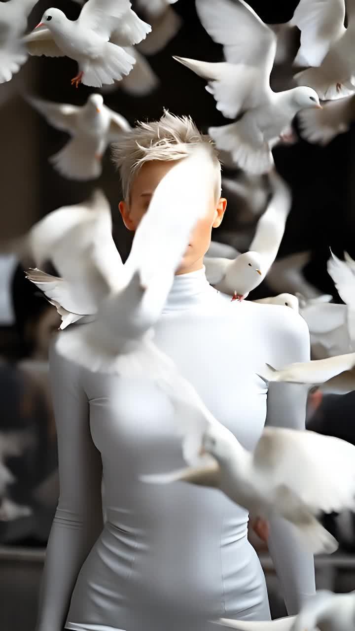 一位有着现代感金色短发的女性，身穿白色高领上衣，她