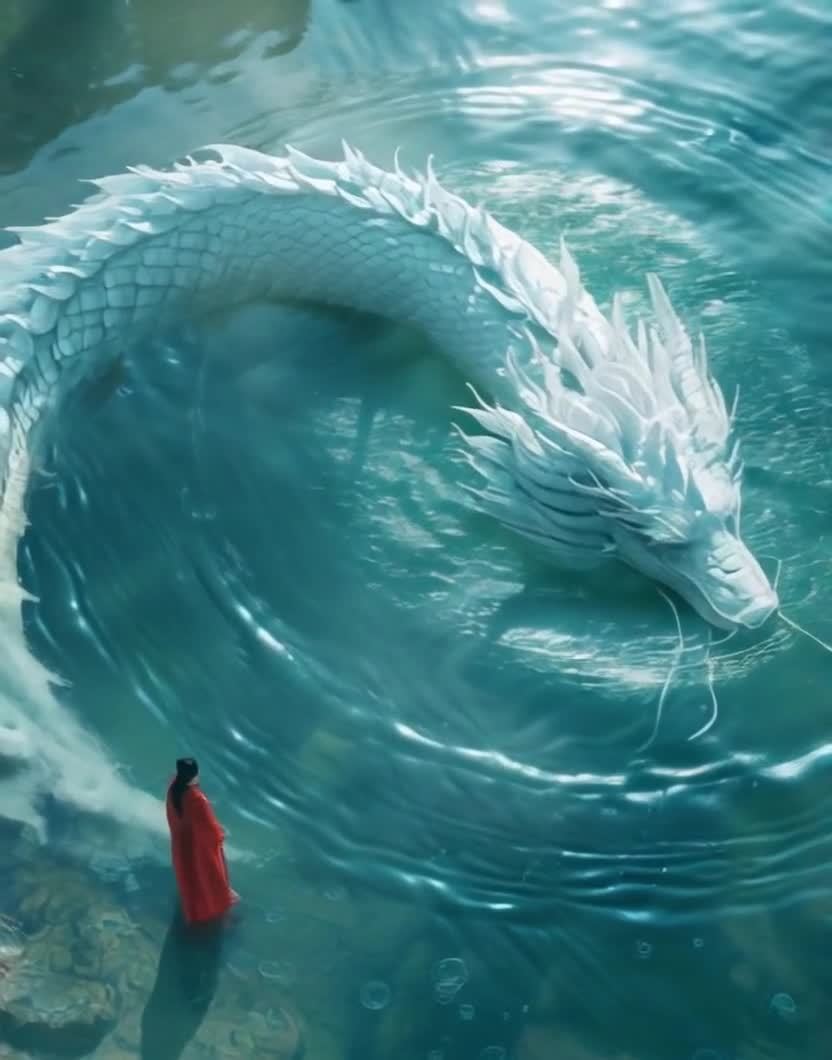 红衣人水边观白色水龙盘旋起涟漪