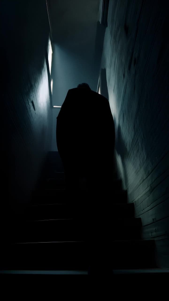 黑暗中，一个人影正沿着狭窄而昏暗的楼梯向上走。楼梯