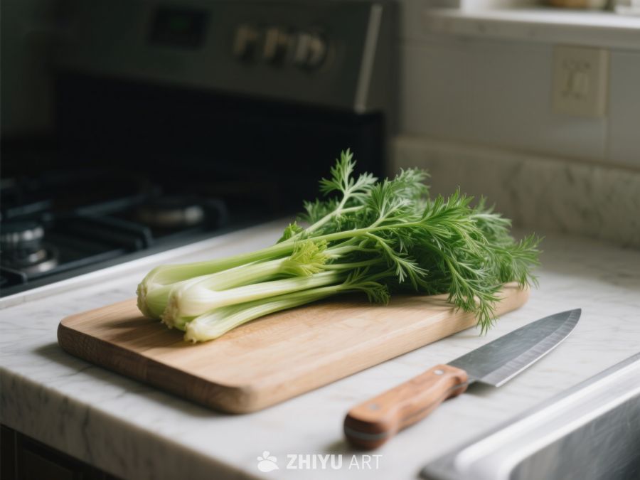 厨房案板上的芹菜与刀具 42
