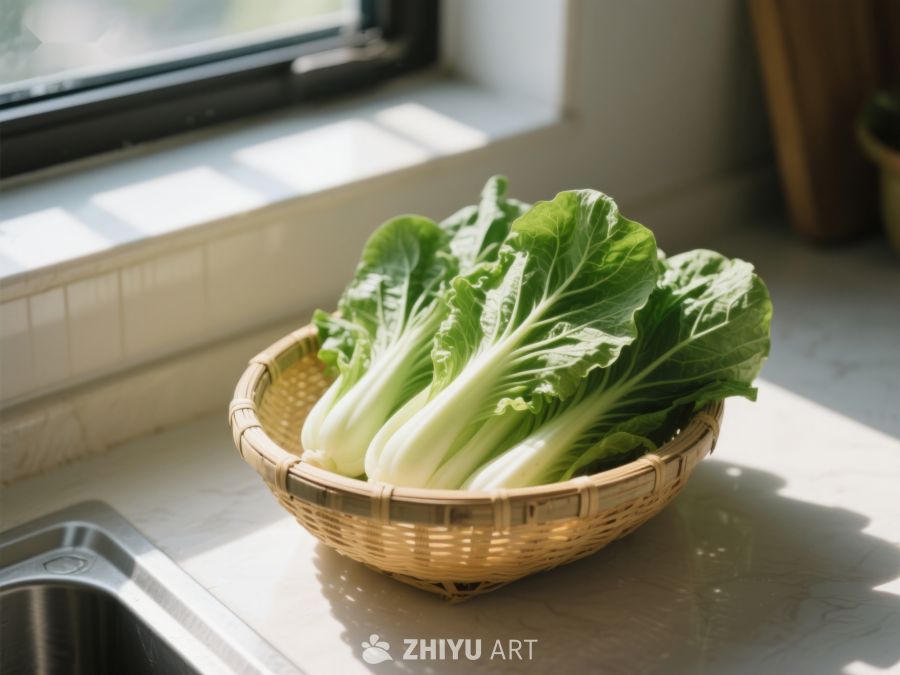 窗边竹篮中的新鲜青菜 161