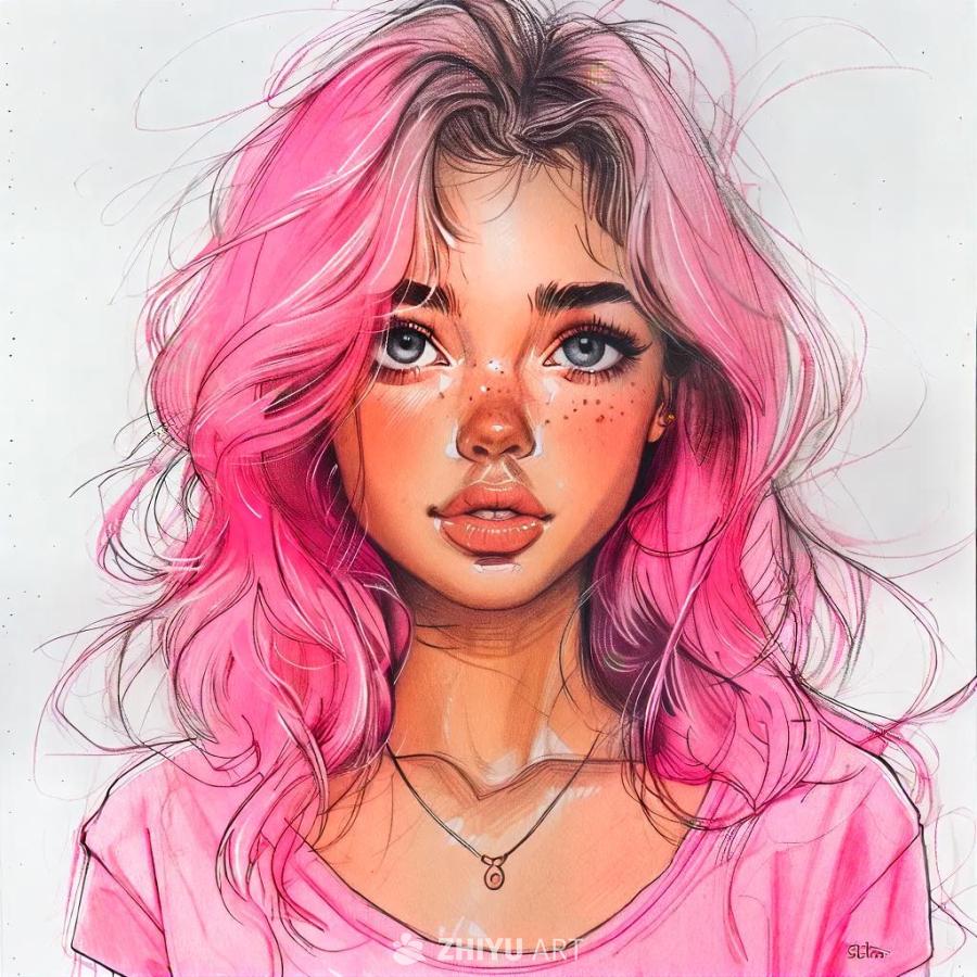 一个女孩的可爱绘画，脸颊泛红。女孩有粉色的头发、灰