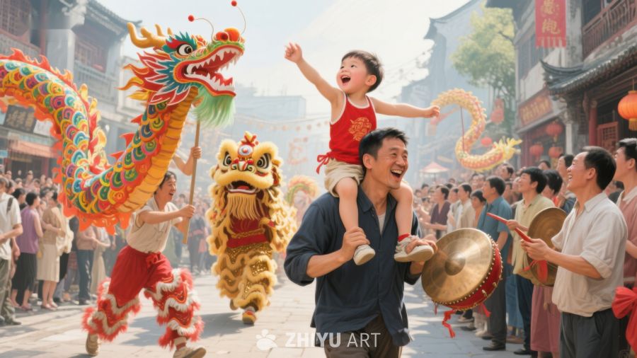 父子肩上欢笑，龙狮舞动迎新春 215