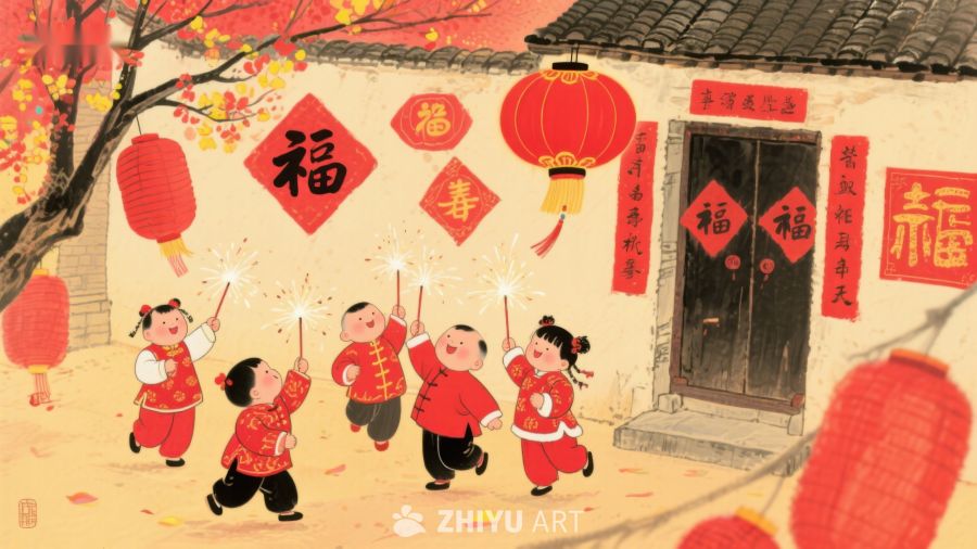 孩童欢庆春节，手持烟花笑颜 28