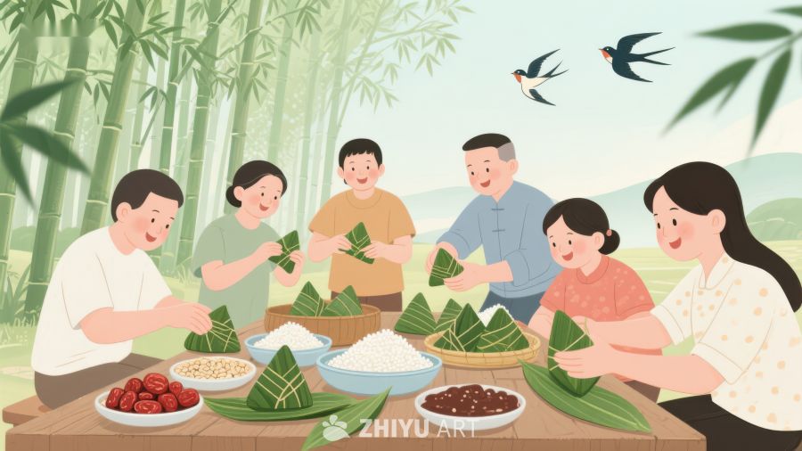 家人一起包粽子，竹林环绕 200