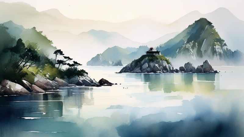 雾气缭绕大海山水画简约风格 5