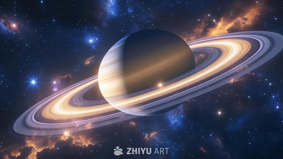 一个环状行星，拥有多层环结构，悬浮在深邃的星空中。