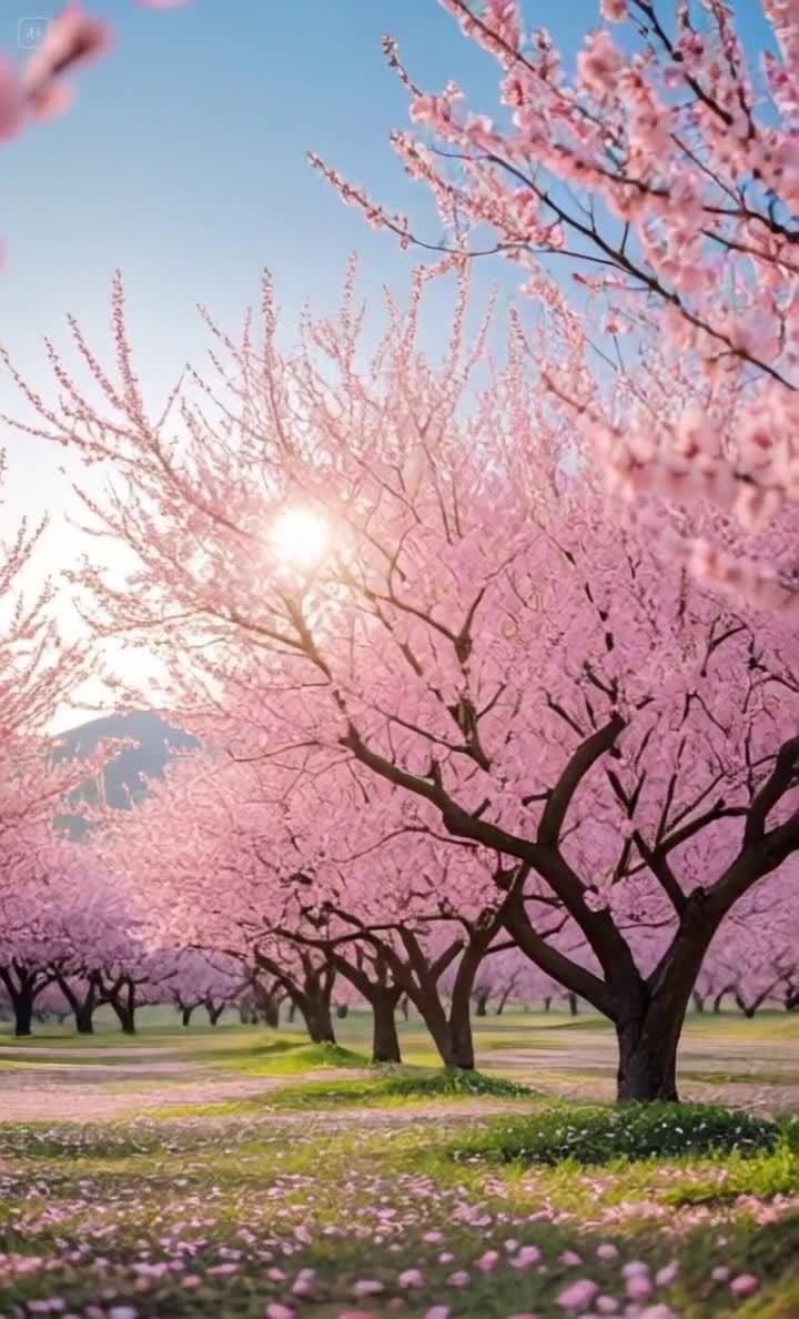 粉色樱花树林盛开，阳光穿透枝干美景图