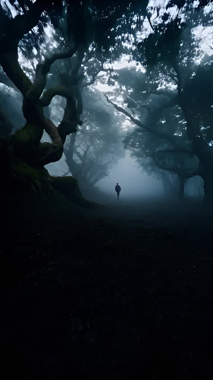 雾气笼罩的森林中，树木扭曲，树枝盘根错节。地面阴影