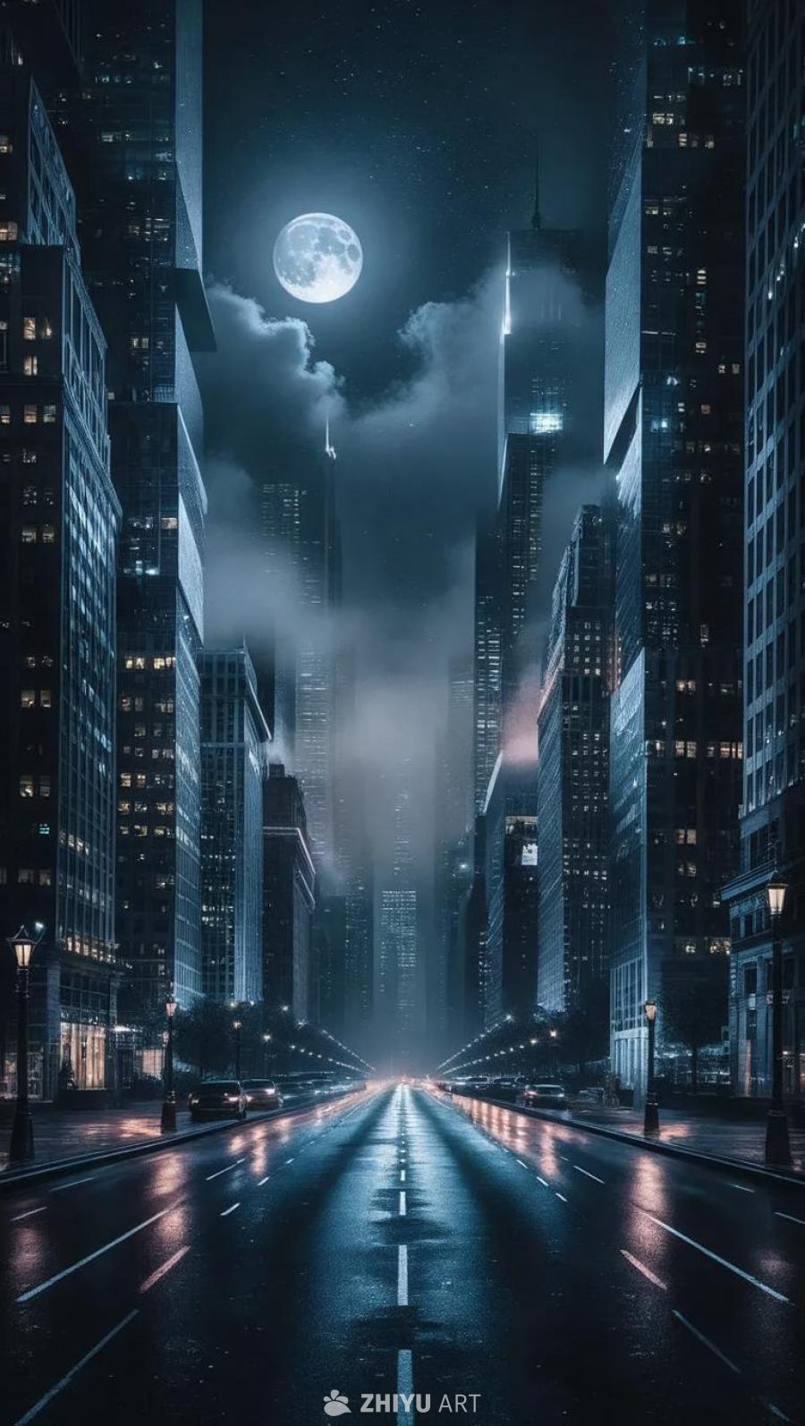 夜幕下的城市景观，高耸的建筑物林立在街道两旁。一轮