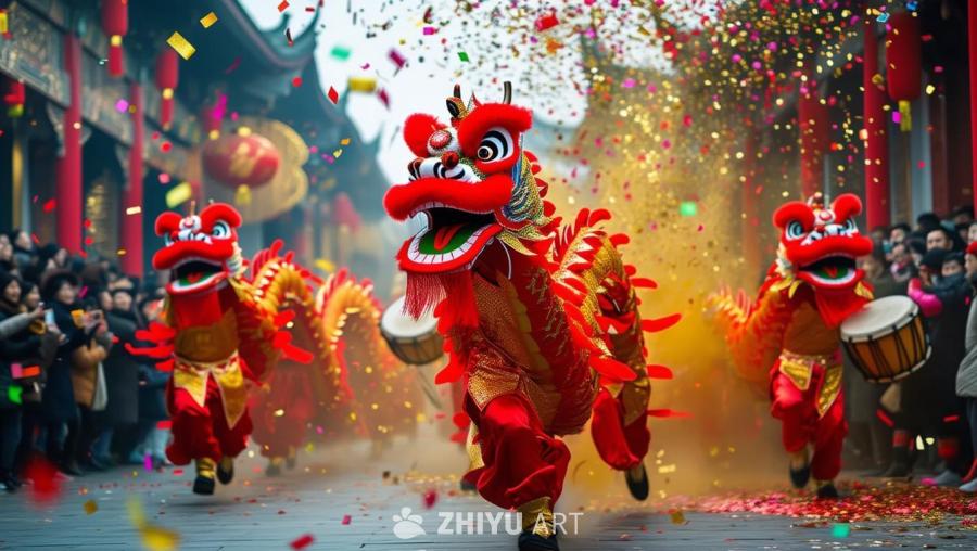 画面中呈现一场充满活力的舞龙表演，鲜艳的红色和金色