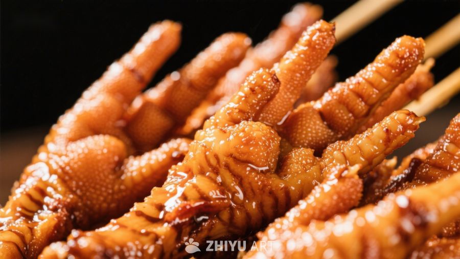 美味烤鸡爪串特写