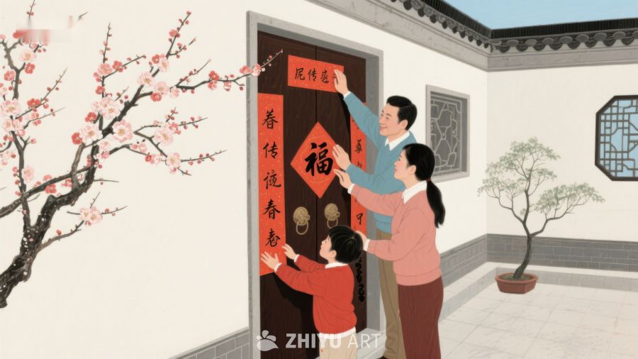家庭张贴春联迎新春 592