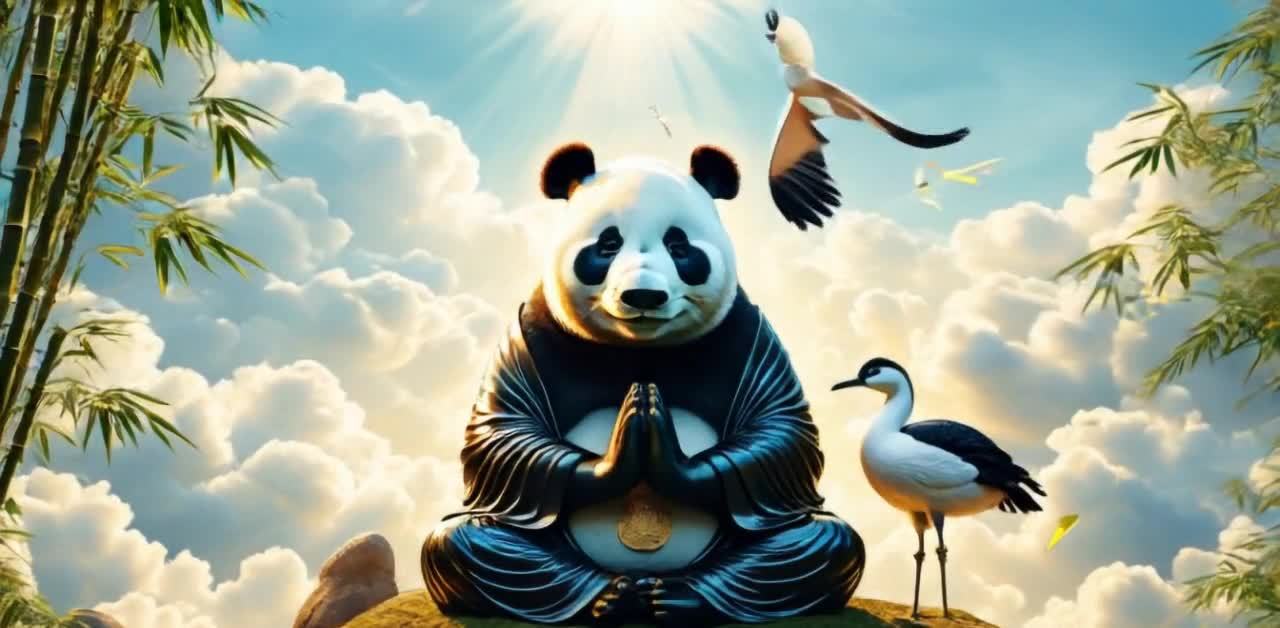 熊猫佛像禅修仙鹤竹林祥和意境